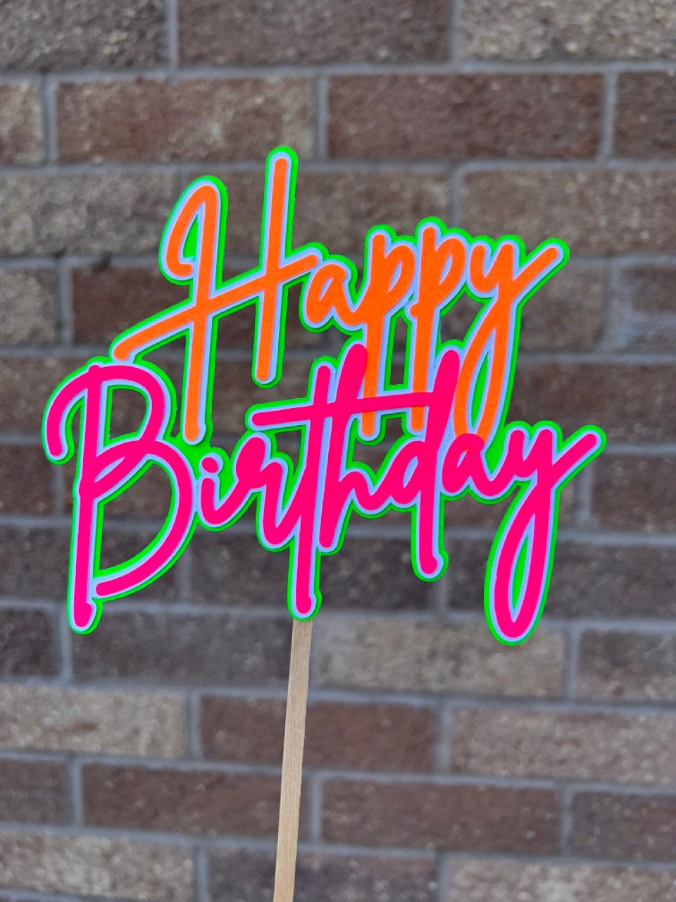 Orange Pink & Green Neon Happy Birthday Cake Topper