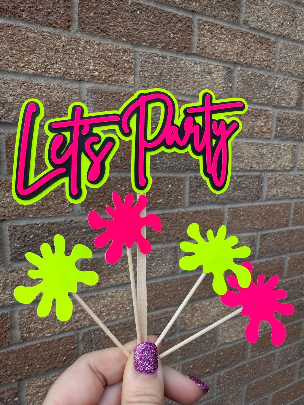 Lets Party Birthday Neon Cake Topper and Splat Set