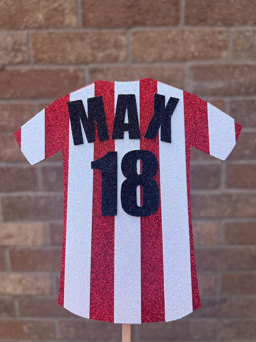 Stripes Football Shirt Glitter Personalised Cake Topper Red & White