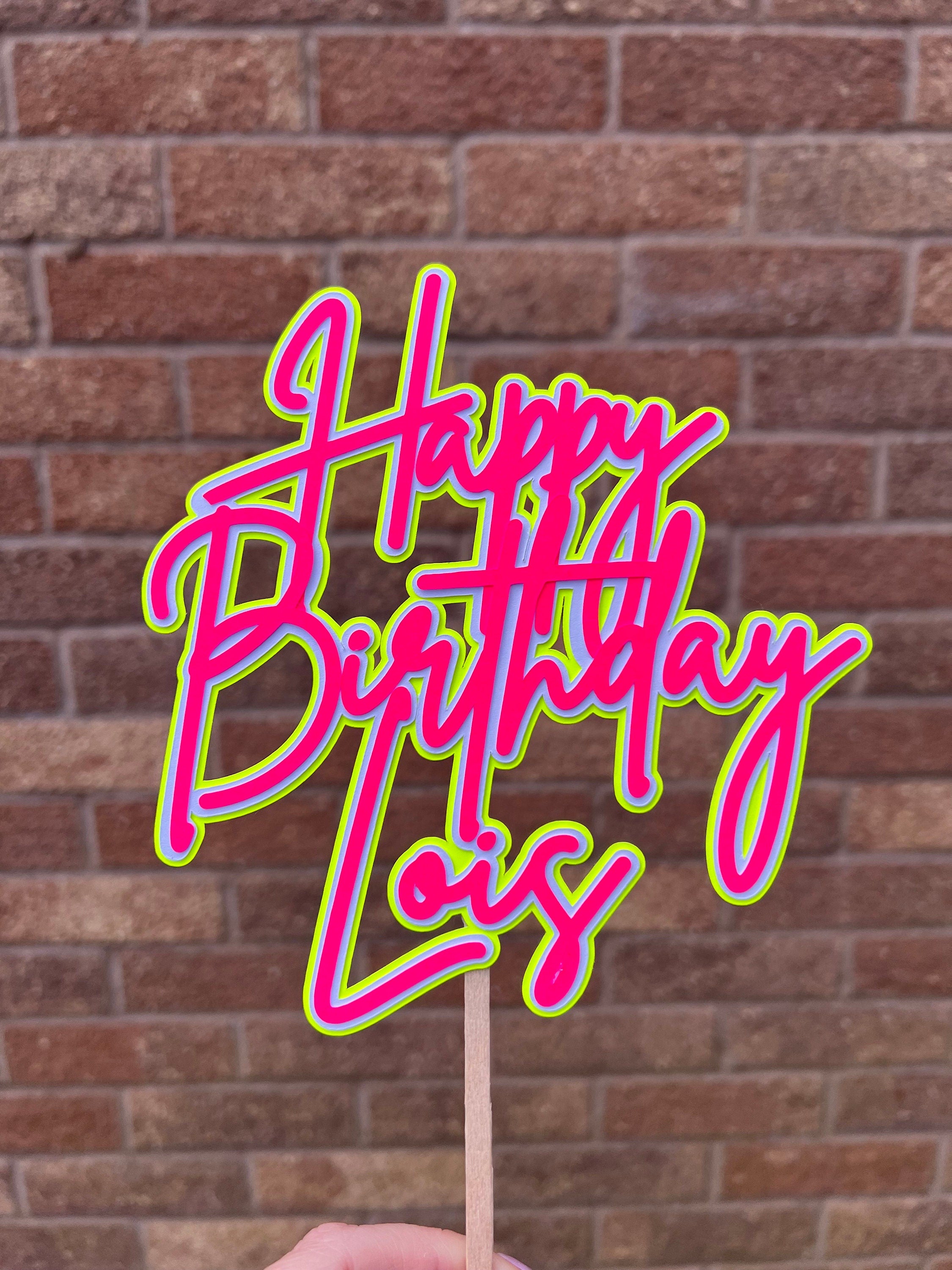 Pink & Yellow Neon Birthday Personalised Cake Topper