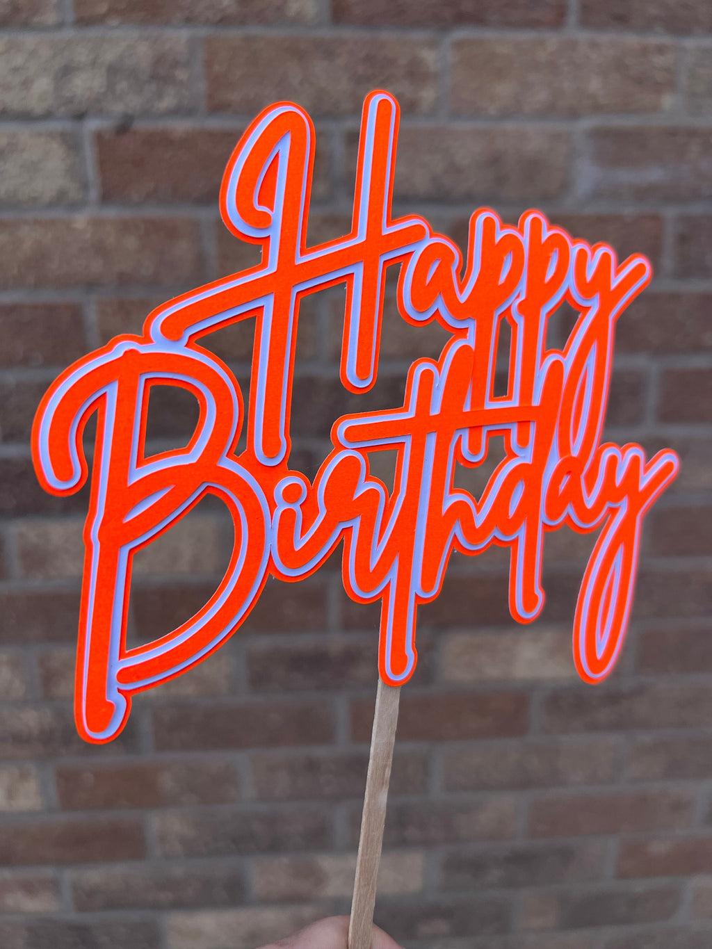 Neon Happy Birthday Cake Topper Orange & White