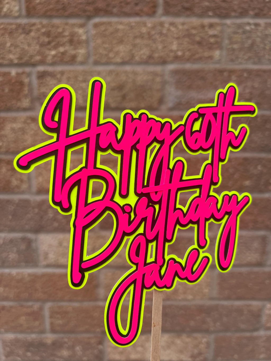 Pink Black & Yellow Neon Birthday Personalised Cake Topper