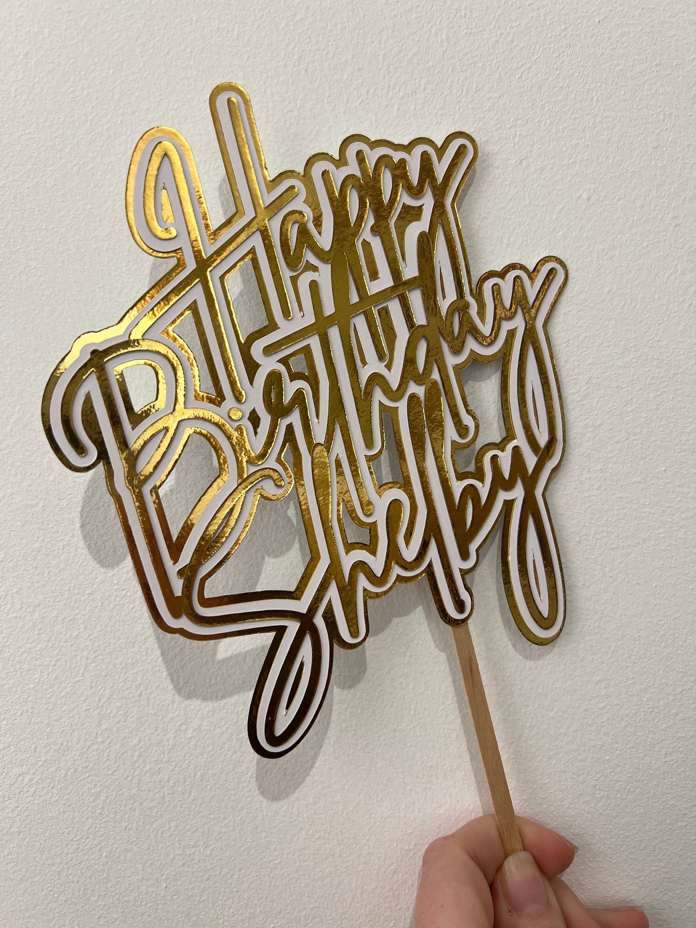 Happy Birthday Personalised Cake Topper - Gold Cake Topper - Birthday Cake - Birthday Topper - Gold & White Party - Pretty - Shiny