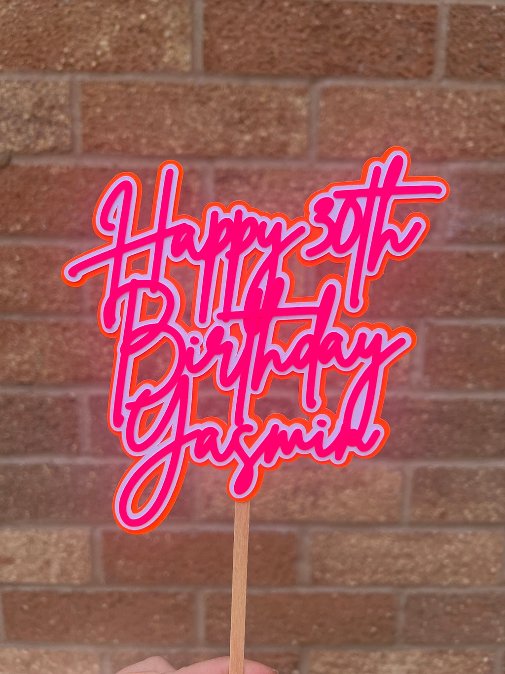 Pink & Orange Neon Birthday Personalised Cake Topper
