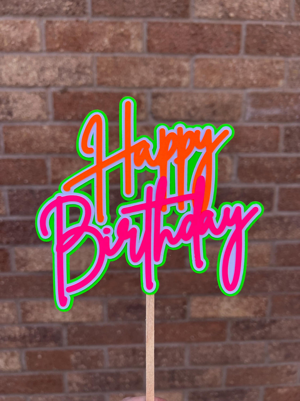 Orange Pink & Green Neon Happy Birthday Cake Topper