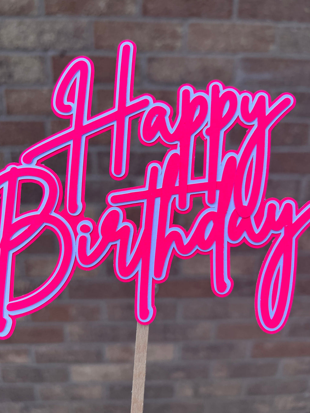 Neon Happy Birthday Cake Topper Pink & White