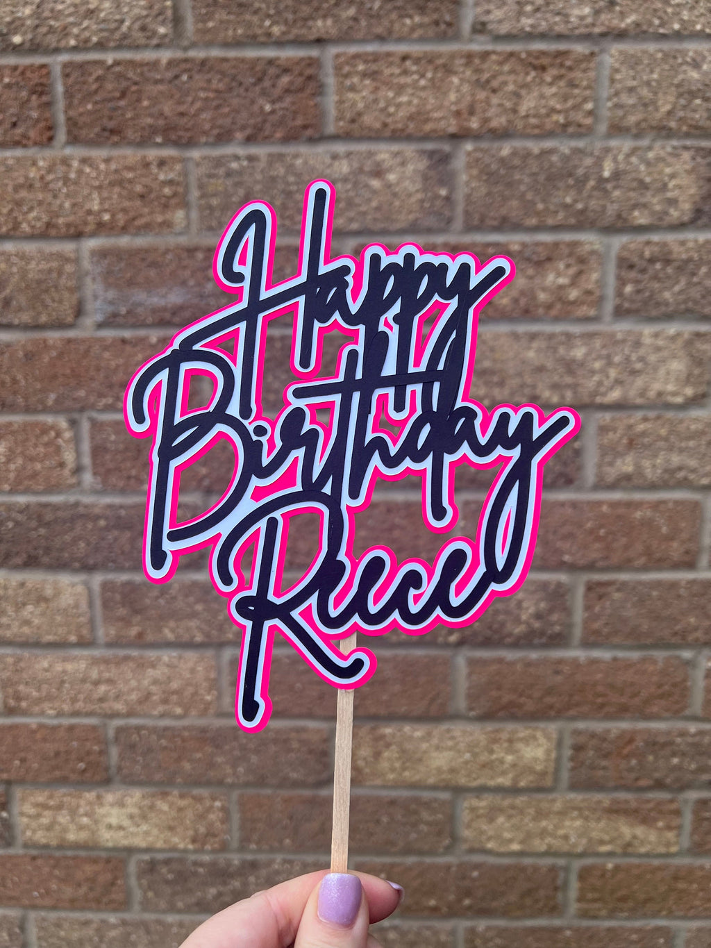 Personalised Black, White and Hot Neon Pink, Neon Birthday Cake Topper