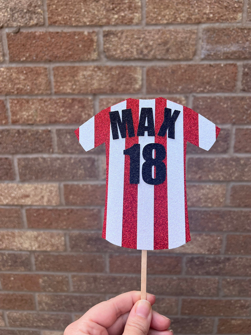 Stripes Football Shirt Glitter Personalised Cake Topper Red & White