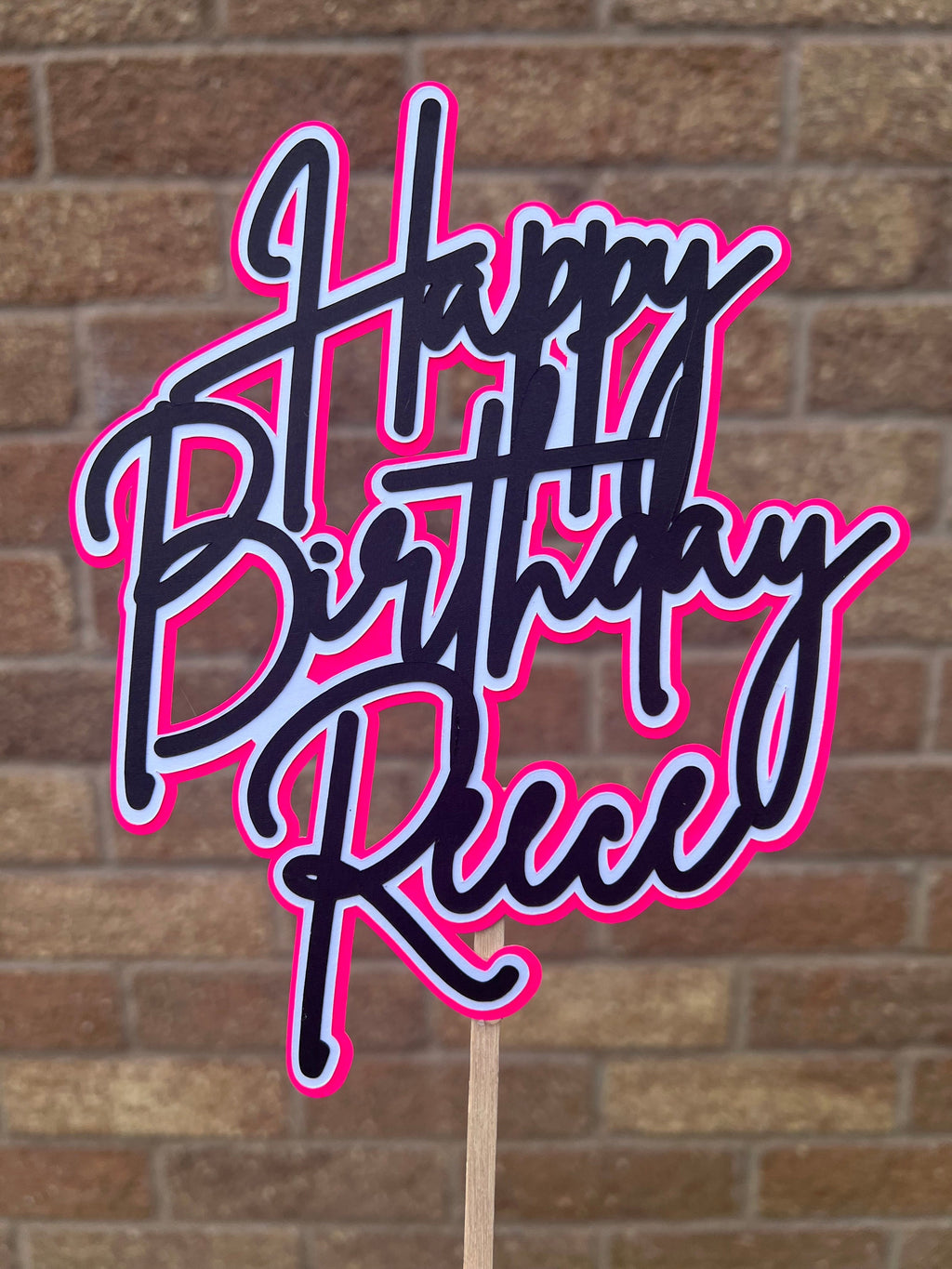 Personalised Black, White and Hot Neon Pink, Neon Birthday Cake Topper