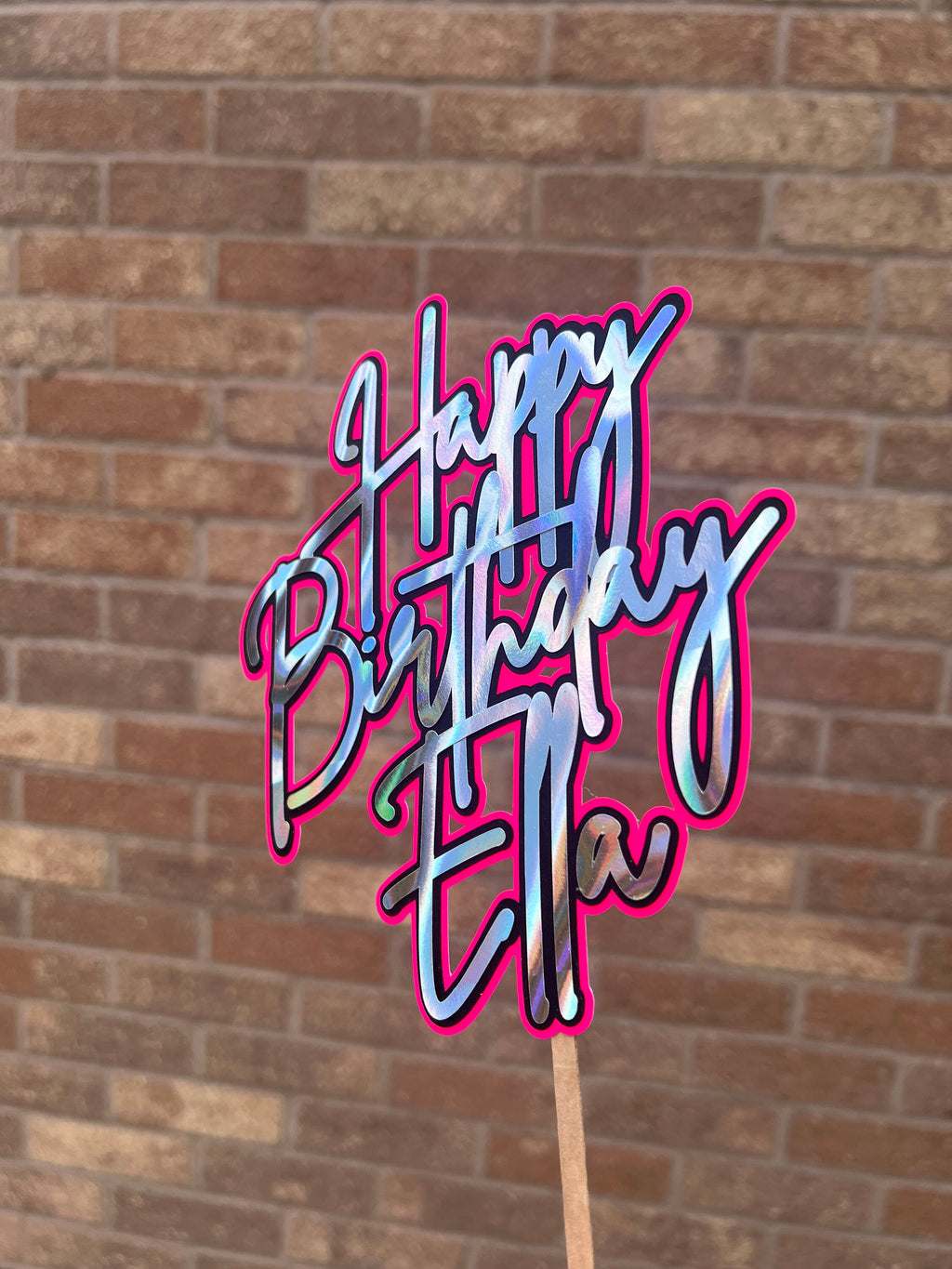 Personalised Neon Holographic Silver Black & Pink Birthday Cake Topper