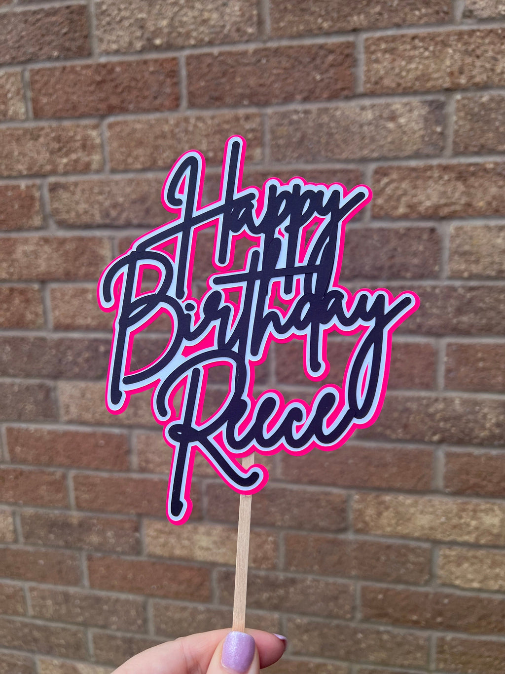 Personalised Black, White and Hot Neon Pink, Neon Birthday Cake Topper