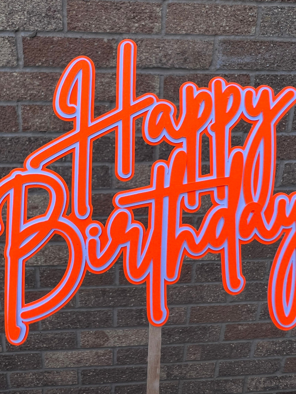 Neon Happy Birthday Cake Topper Orange & White