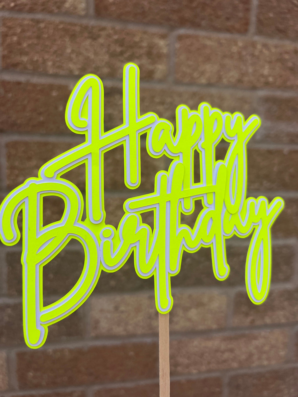 Neon Happy Birthday Cake Topper Yellow & White