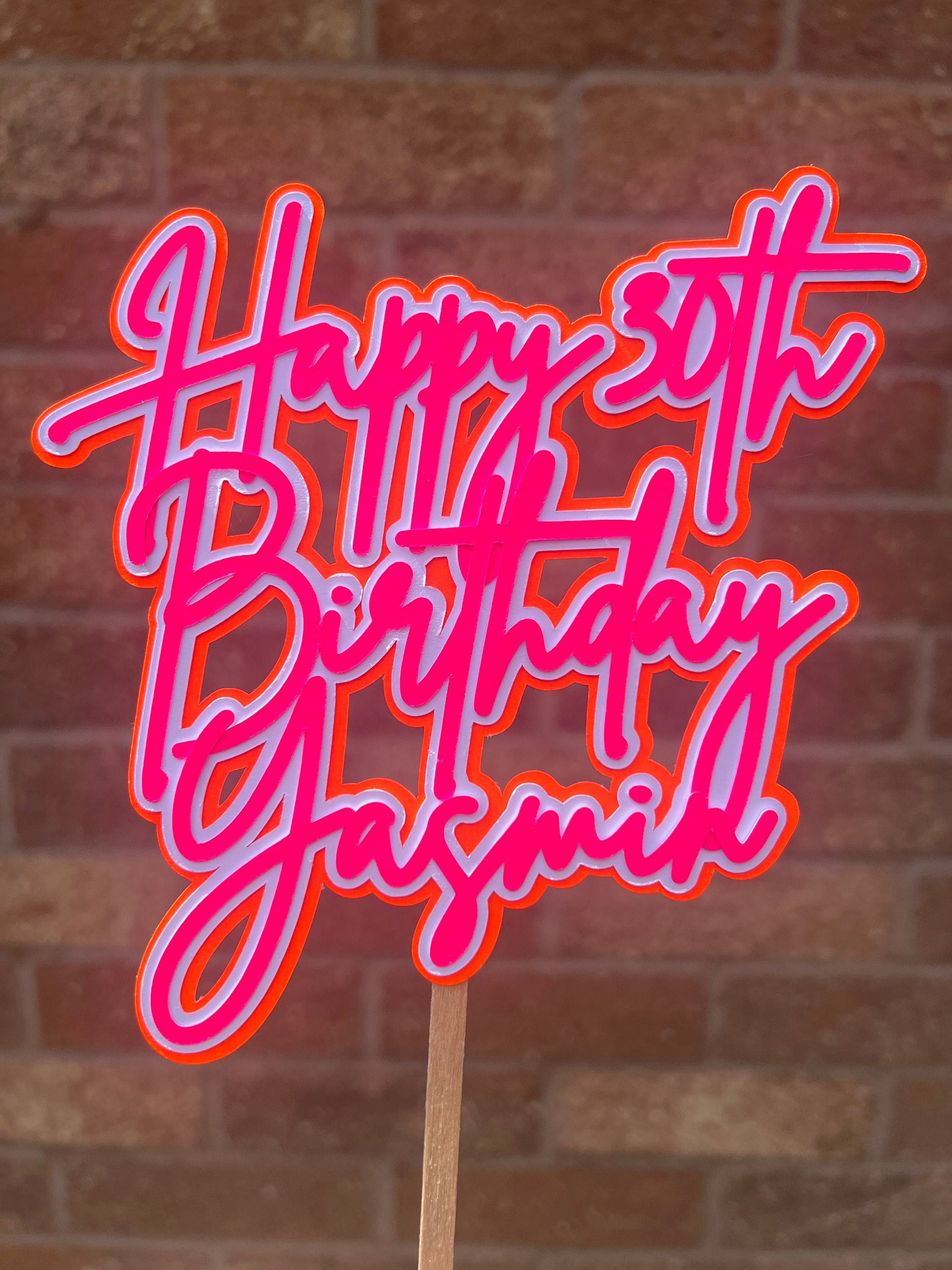 Pink & Orange Neon Birthday Personalised Cake Topper