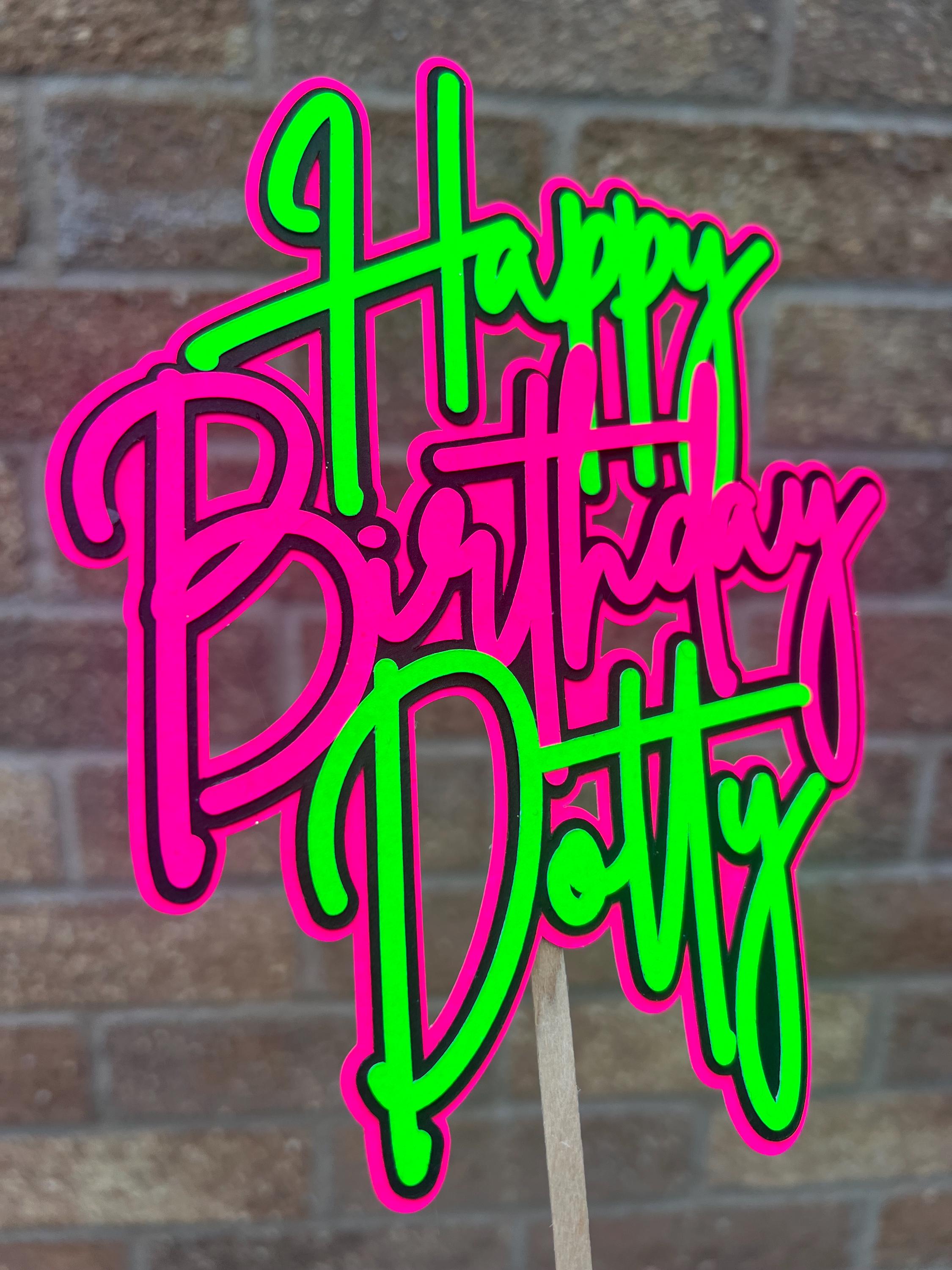 Pink, Green & Black Neon Birthday Personalised Cake Topper