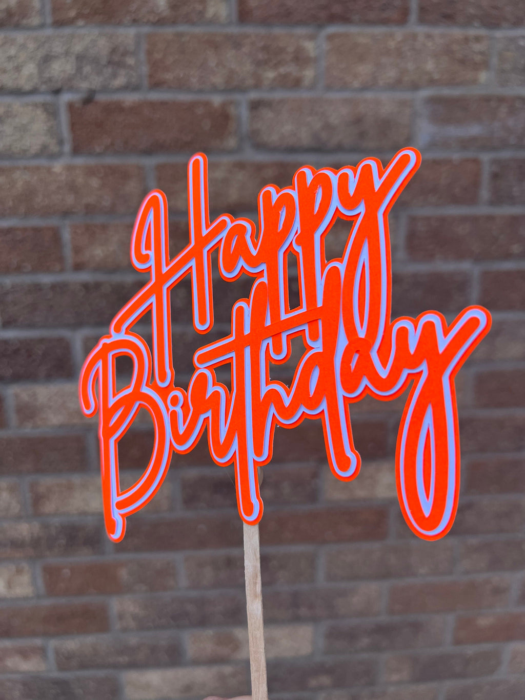 Neon Happy Birthday Cake Topper Orange & White