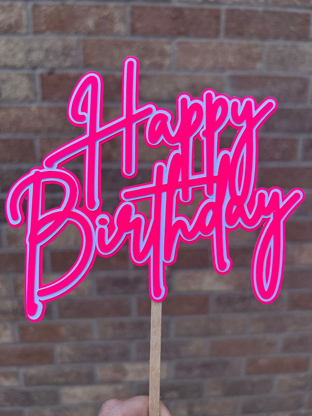 Neon Happy Birthday Cake Topper Pink & White