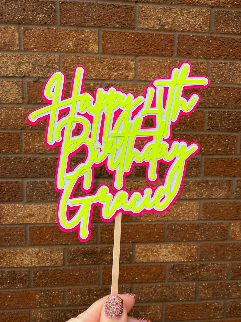 Yellow and Pink Neon Personalised Cake Topper