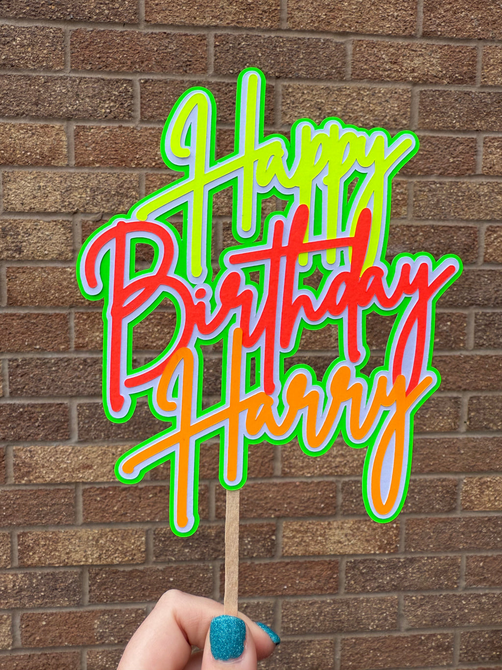 Yellow Red Orange & Green  Neon Personalised Cake Topper