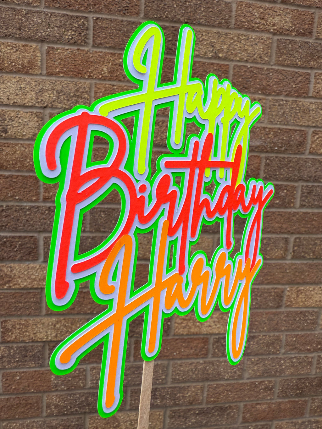 Yellow Red Orange & Green  Neon Personalised Cake Topper