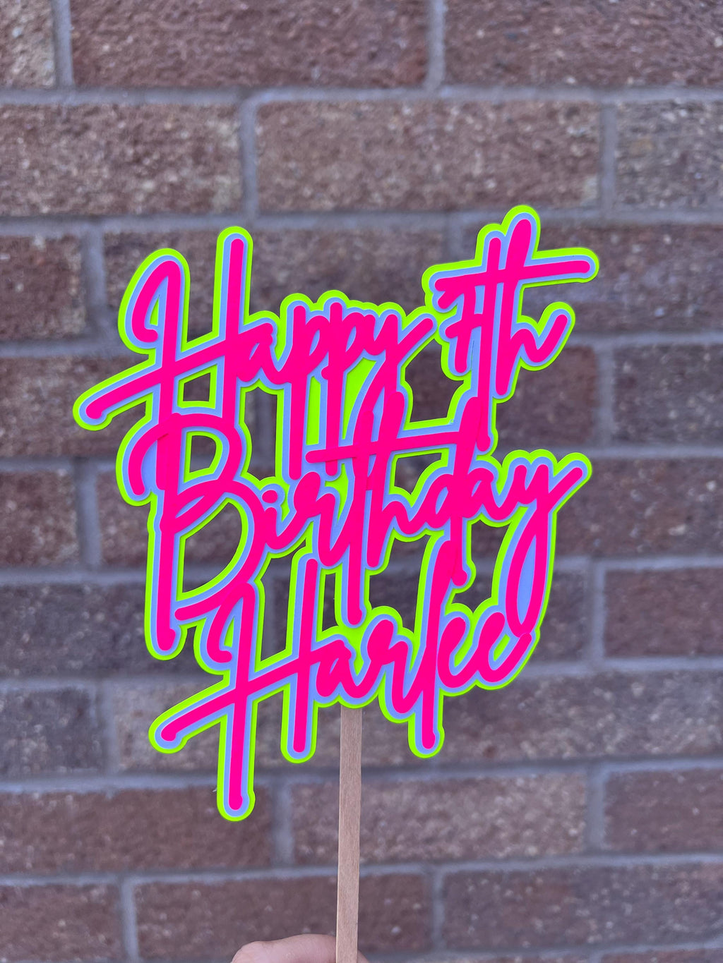 Pink & Yellow Neon Birthday Personalised Cake Topper