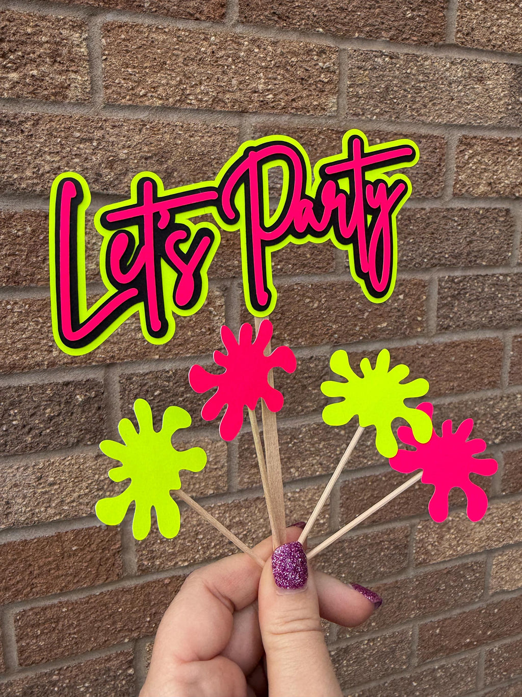 Lets Party Birthday Neon Cake Topper and Splat Set