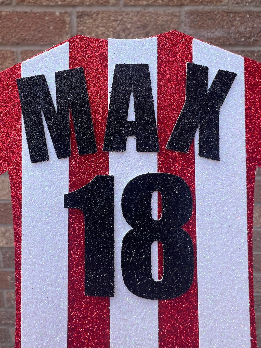 Stripes Football Shirt Glitter Personalised Cake Topper Red & White