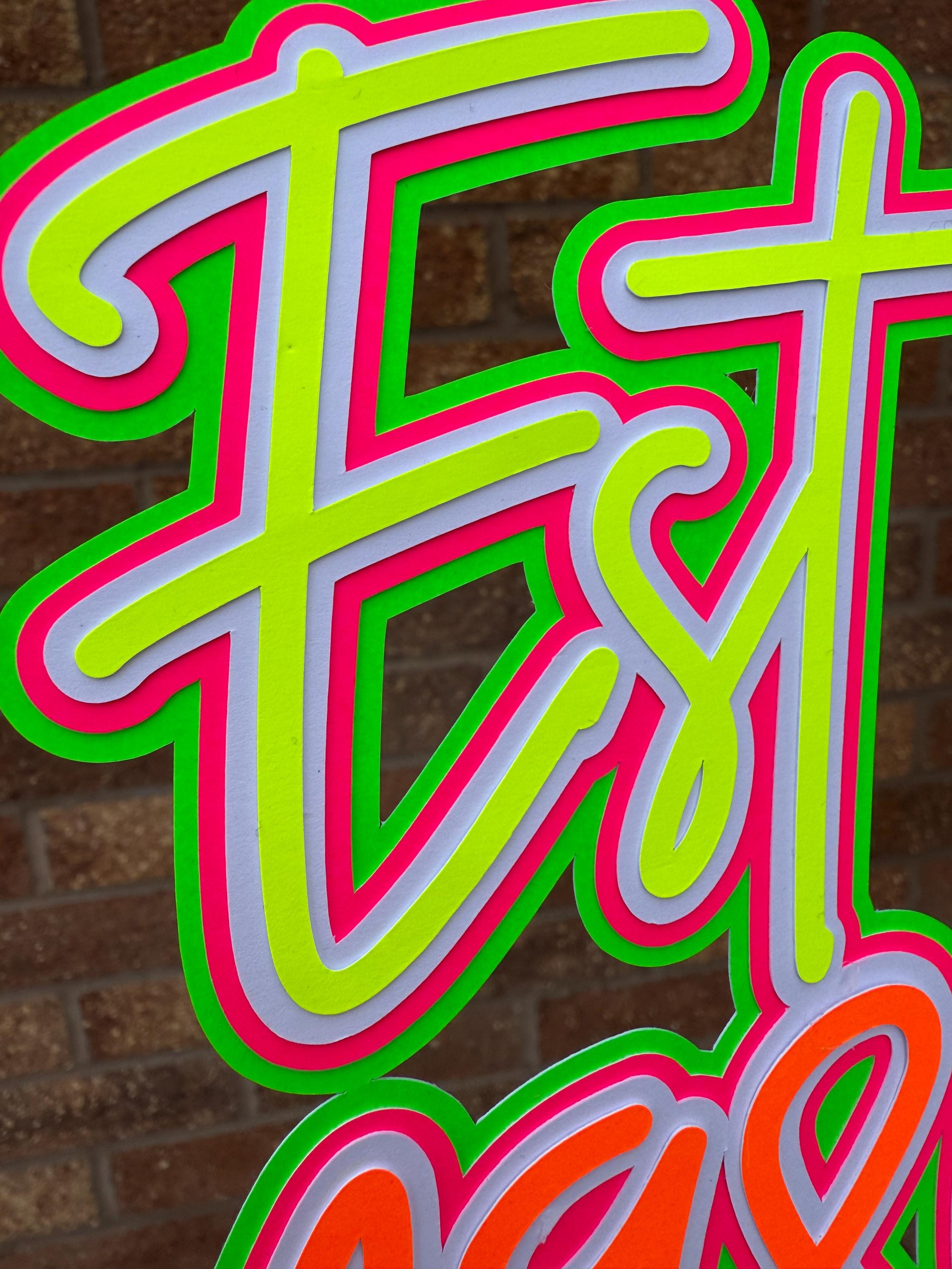 Personalised Neon 40th Birthday Cake Topper EST 1986 - Pink, Yellow, Green and White