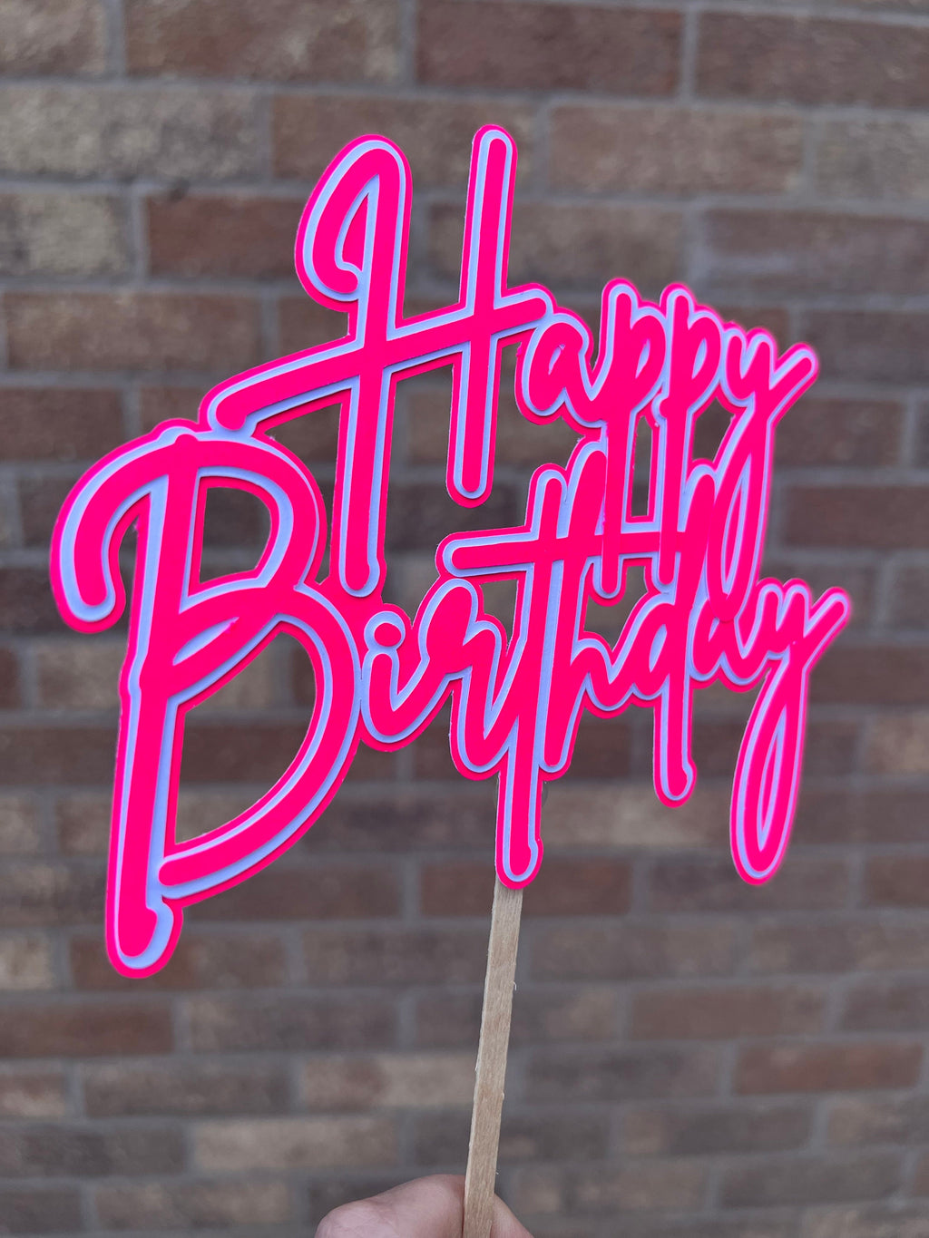 Neon Happy Birthday Cake Topper Pink & White