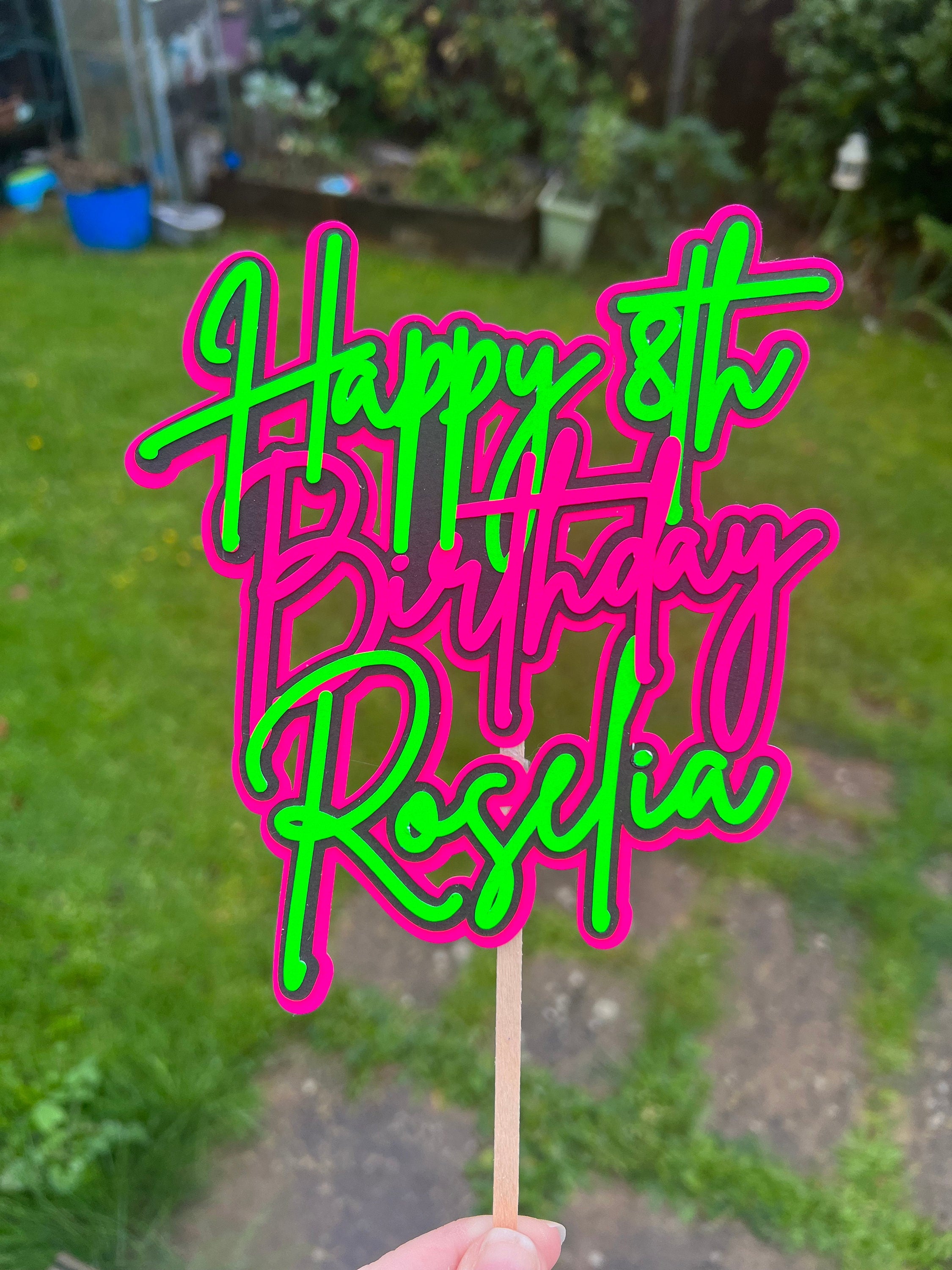 Pink, Green & Black Neon Birthday Personalised Cake Topper