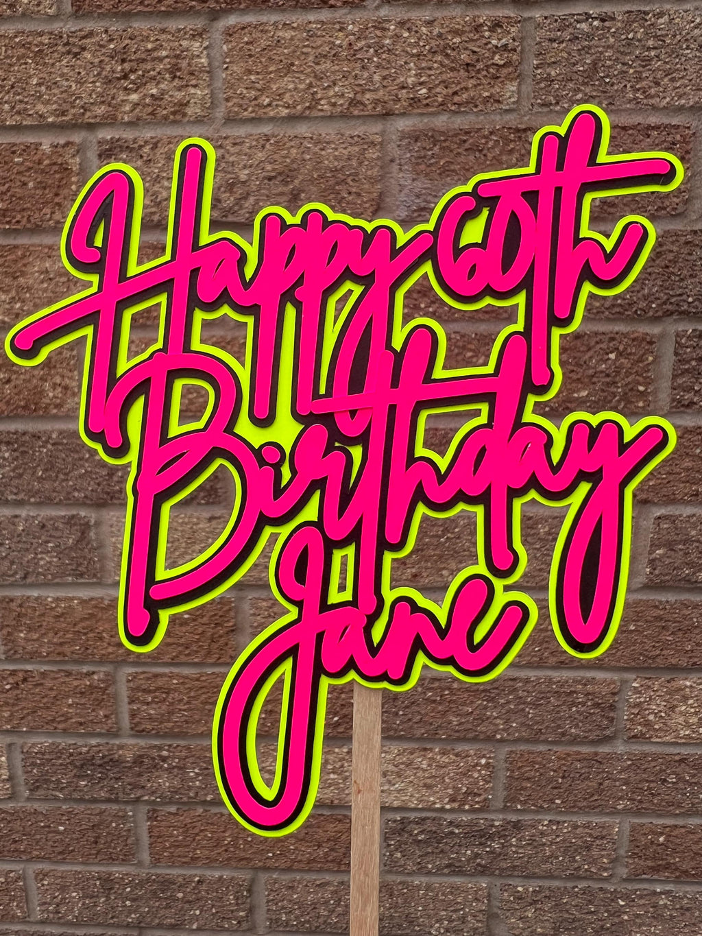Pink Black & Yellow Neon Birthday Personalised Cake Topper