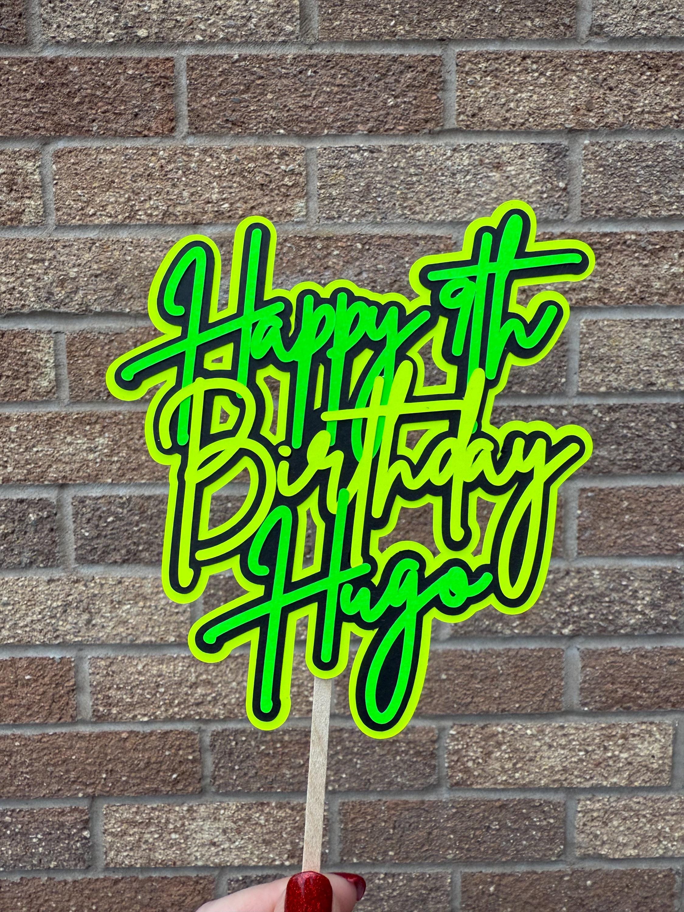 Neon Green, Yellow & Black Neon BirthdayPersonalised Cake Topper