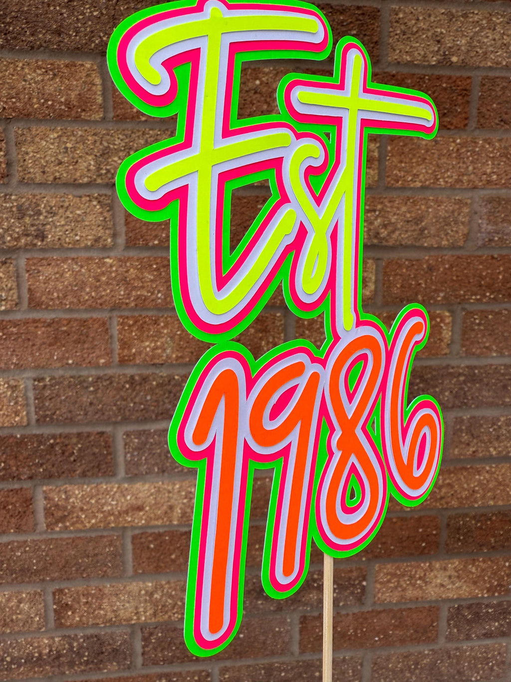 Personalised Neon 40th Birthday Cake Topper EST 1986 - Pink, Yellow, Green and White