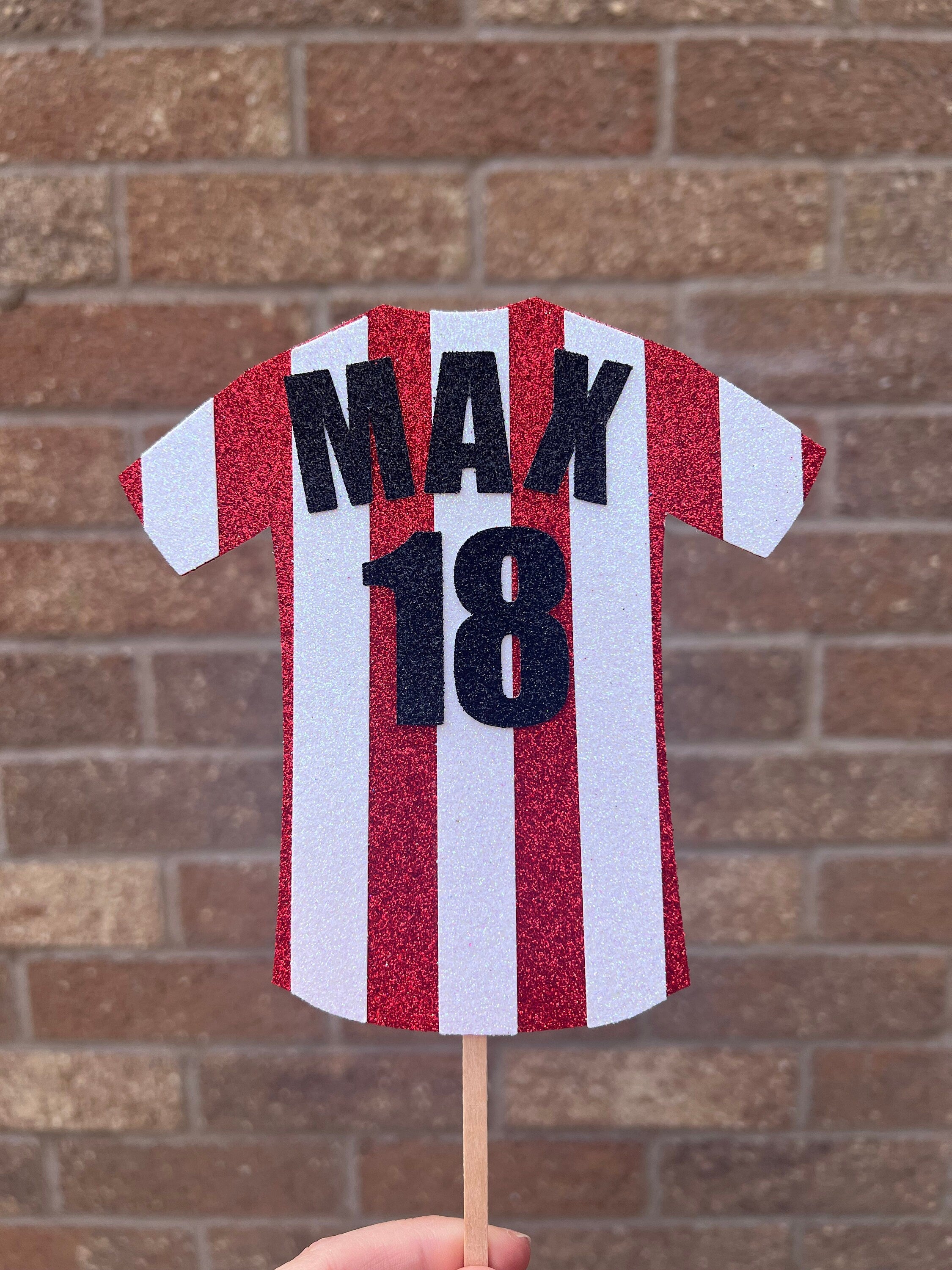 Stripes Football Shirt Glitter Personalised Cake Topper Red & White