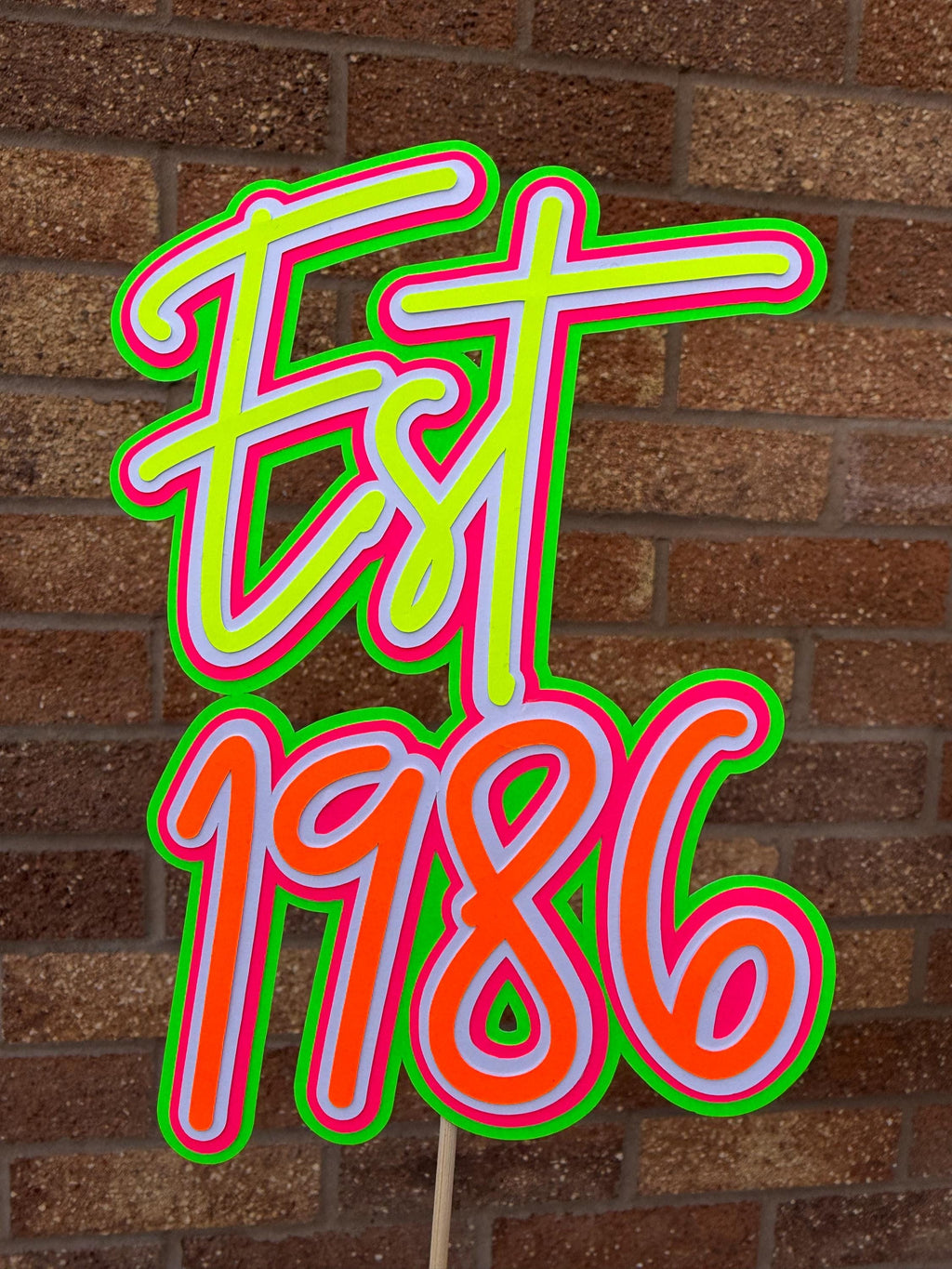 Personalised Neon 40th Birthday Cake Topper EST 1986 - Pink, Yellow, Green and White