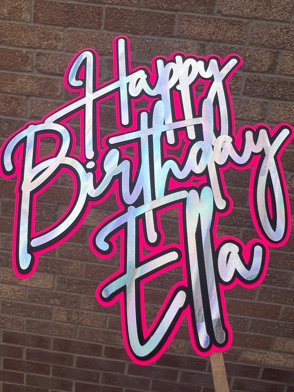Personalised Neon Holographic Silver Black & Pink Birthday Cake Topper