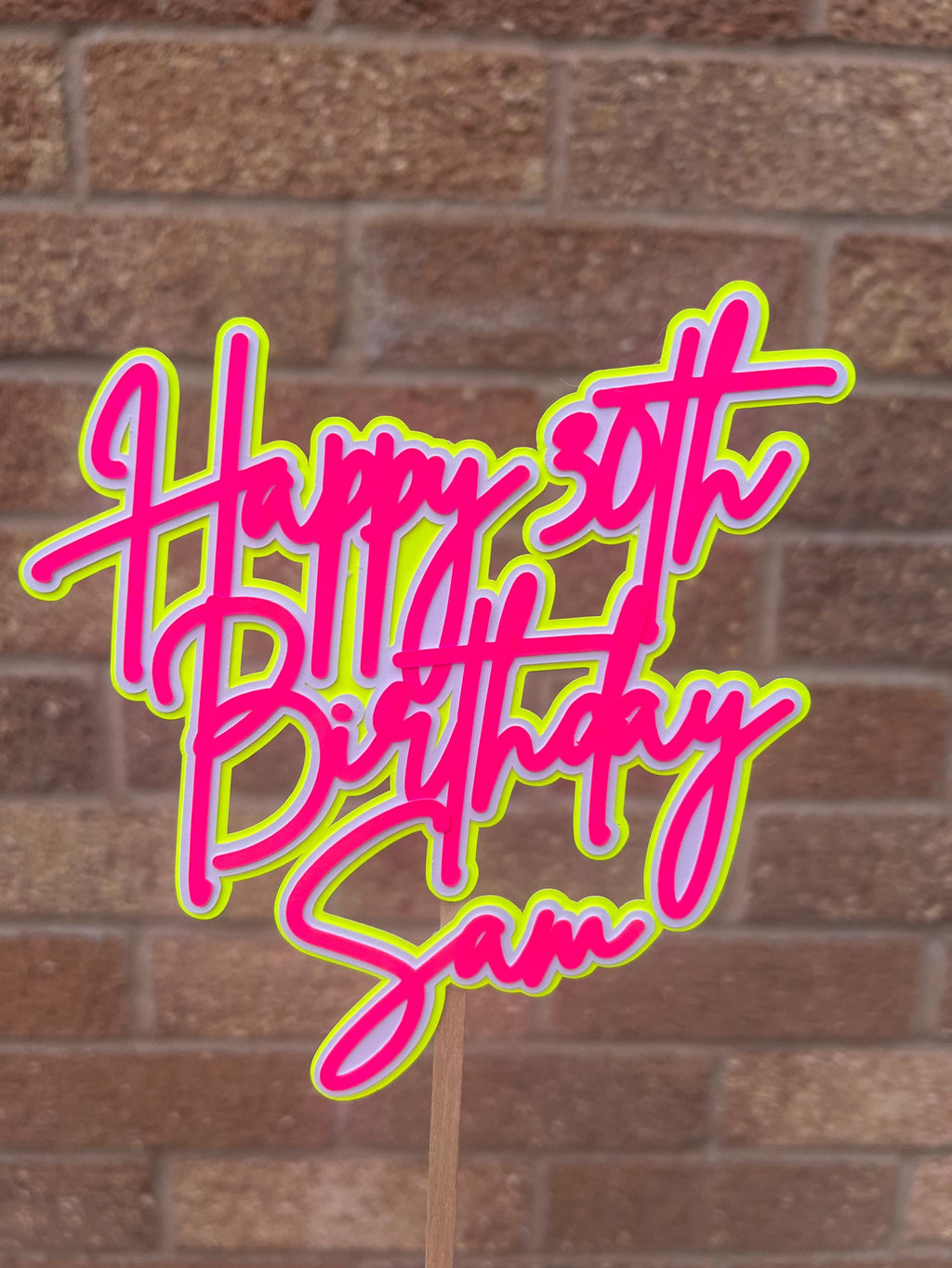 Pink & Yellow Neon Birthday Personalised Cake Topper
