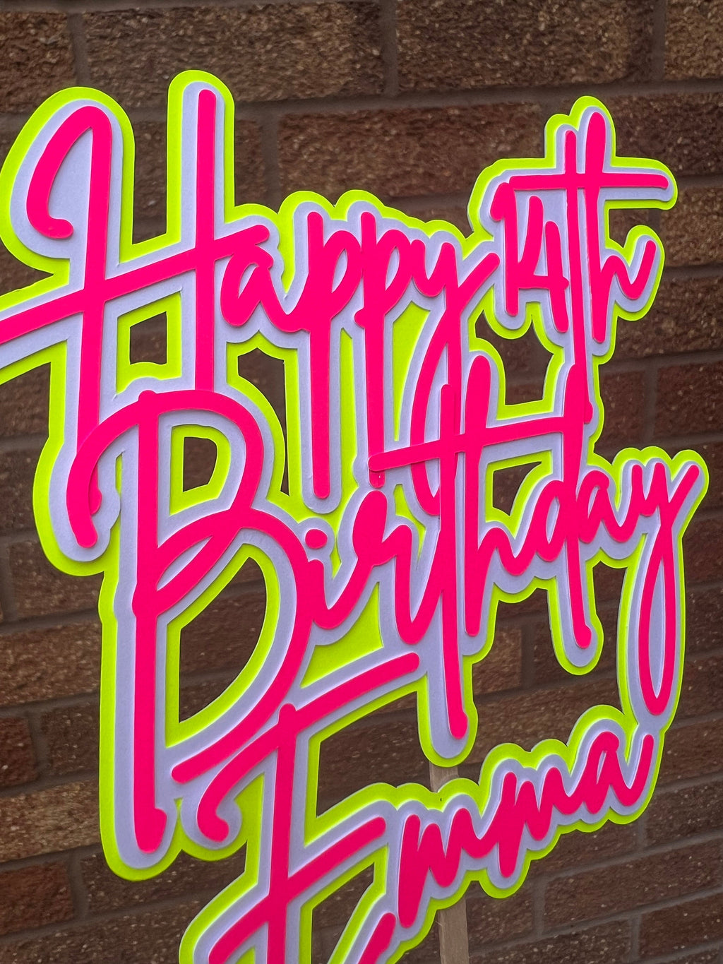 Pink & Yellow Neon Birthday Personalised Cake Topper