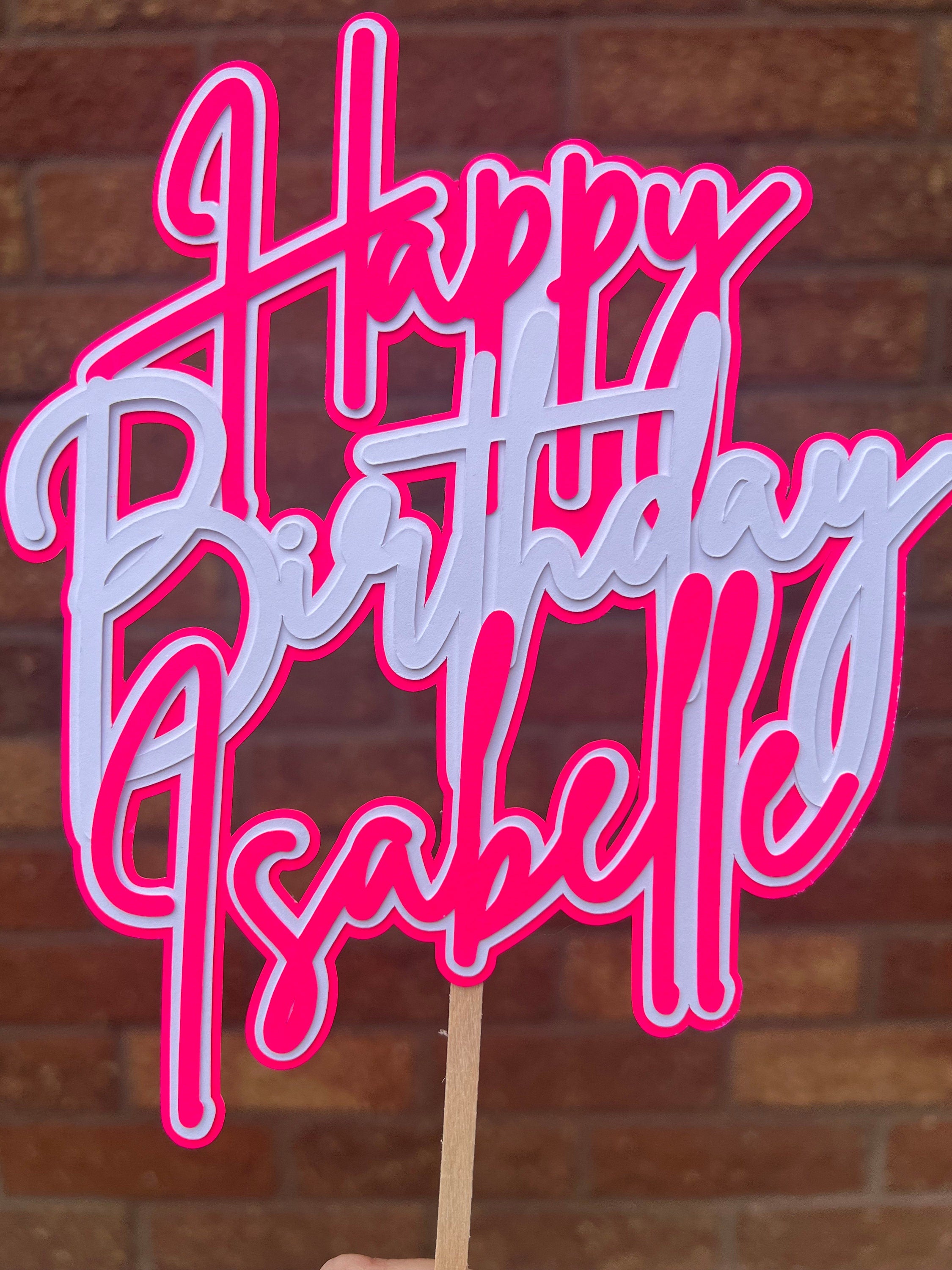 Pink & White Neon Birthday Personalised Cake Topper