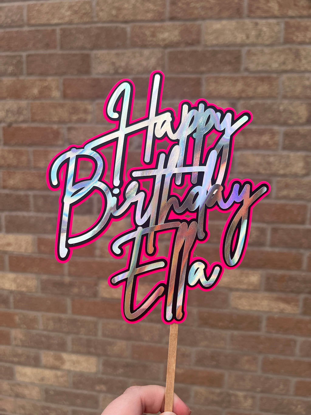 Personalised Neon Holographic Silver Black & Pink Birthday Cake Topper
