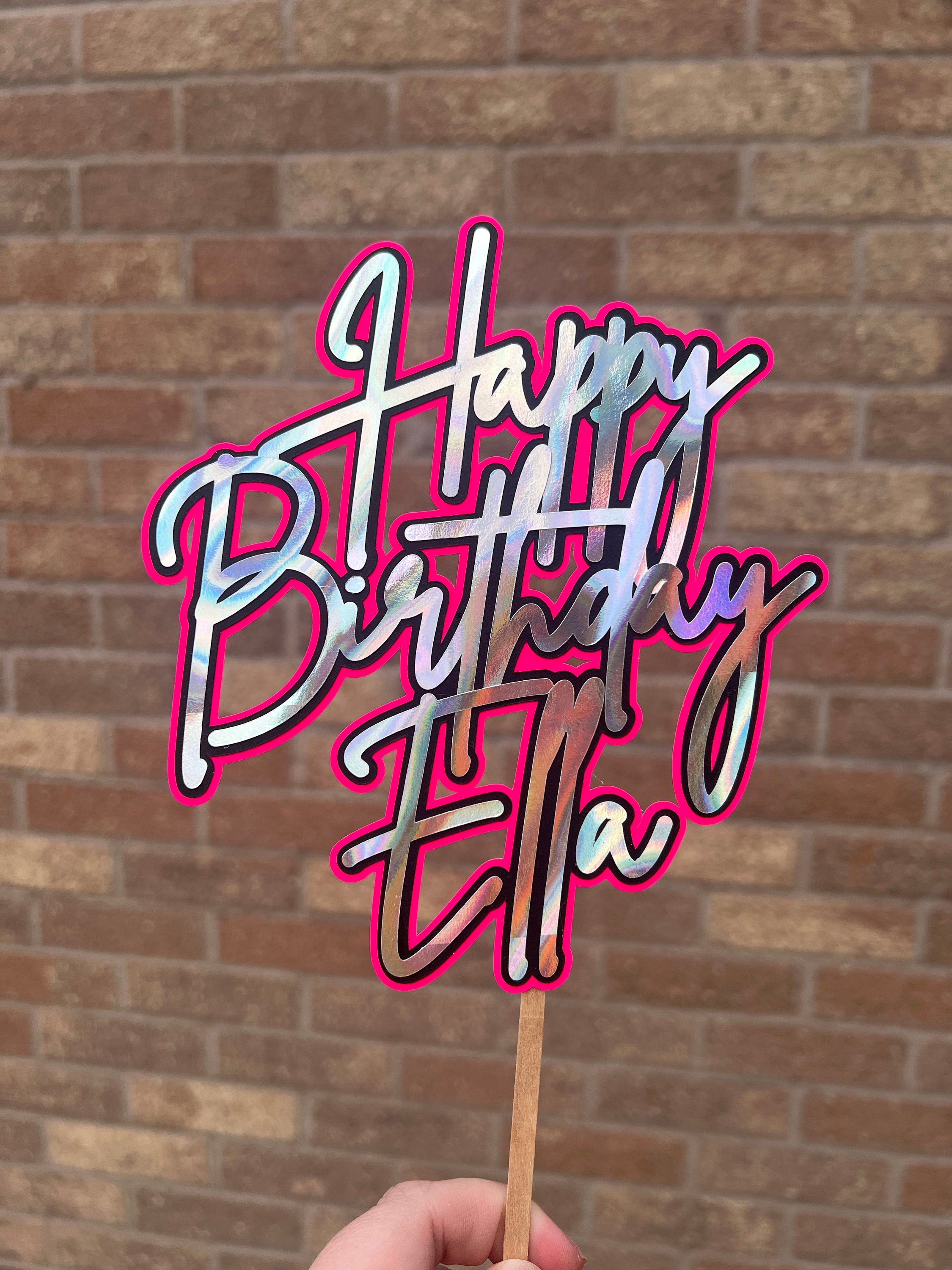 Personalised Neon Holographic Silver Black & Pink Birthday Cake Topper