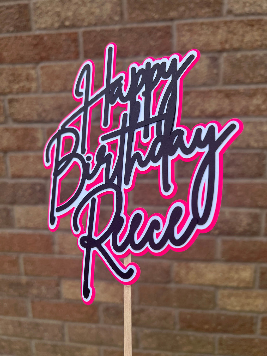 Personalised Black, White and Hot Neon Pink, Neon Birthday Cake Topper