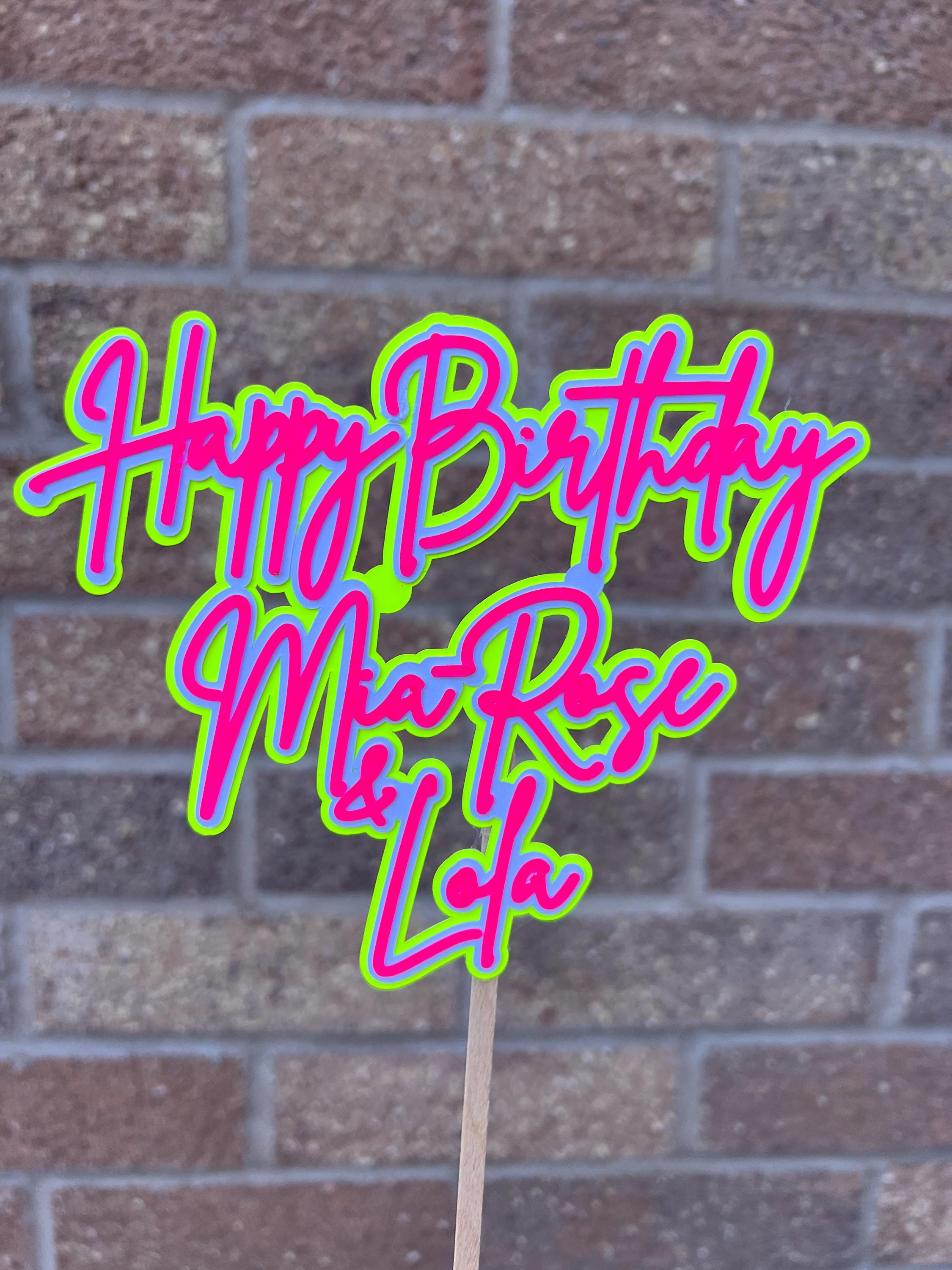 Pink & Yellow Neon Birthday Personalised Cake Topper